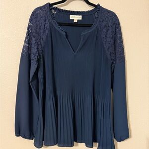 Knox Rose Blue Pleated Blouse with V-Neck